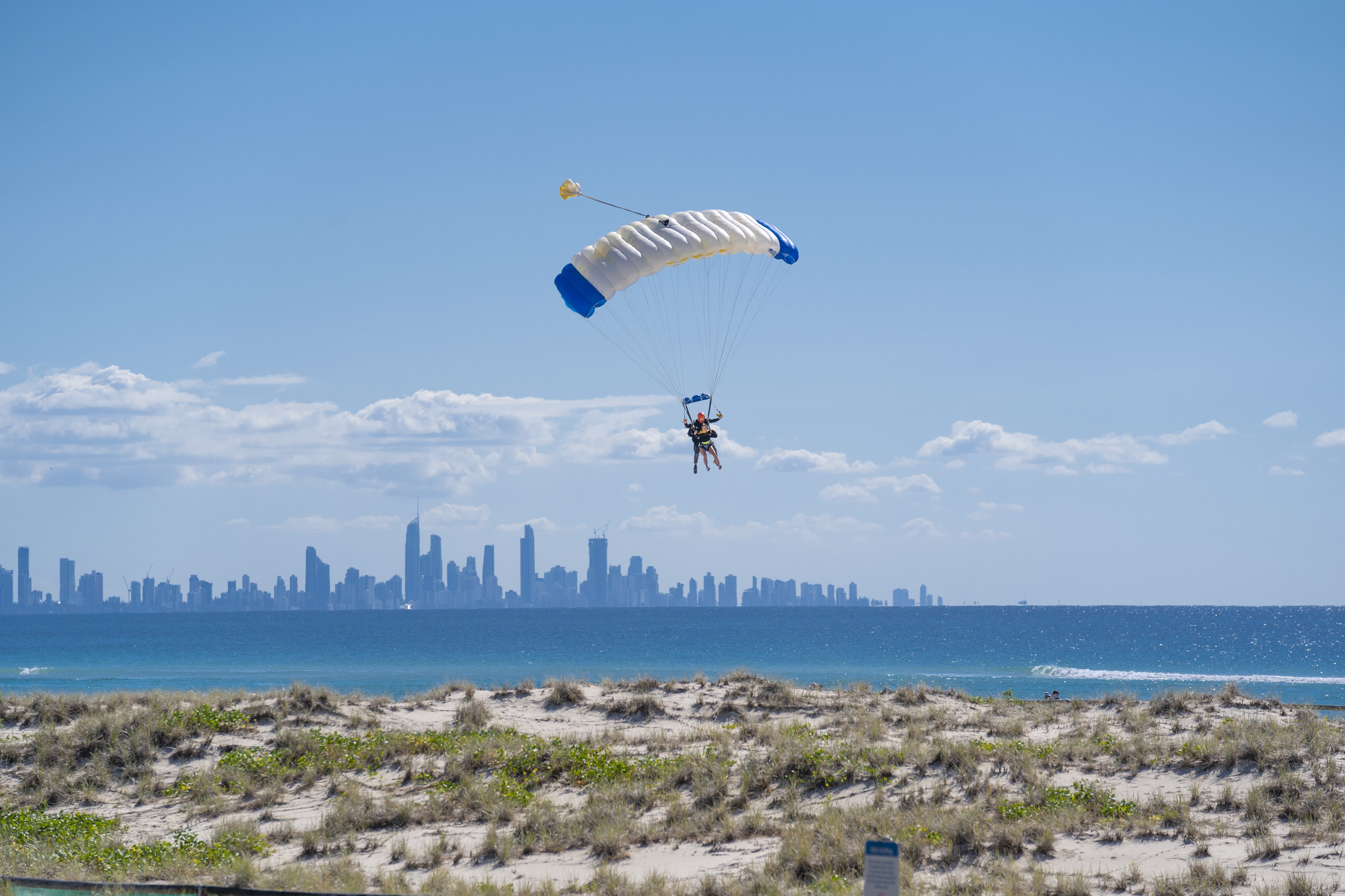 Parachutist landing over Kirra Beach with Gold Coast Skydive Parachutist landing over Kirra Beach with Gold Coast Skydive